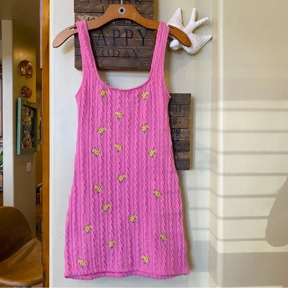 NWT Zara Flower Embroidered Cable Knit Sweater Dress Pink & Yellow